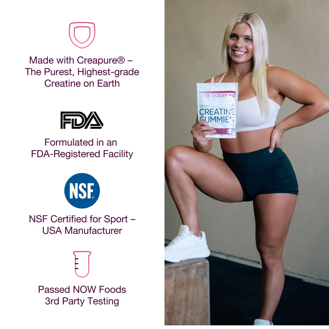 Bear Balanced Creatine Gummies dosage guide illustrating daily serving to support routine.