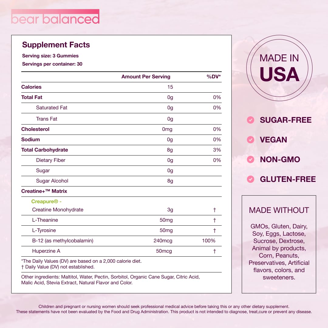 Bear Balanced Creatine Gummies packaging on display with 90 gummies for long-term use.