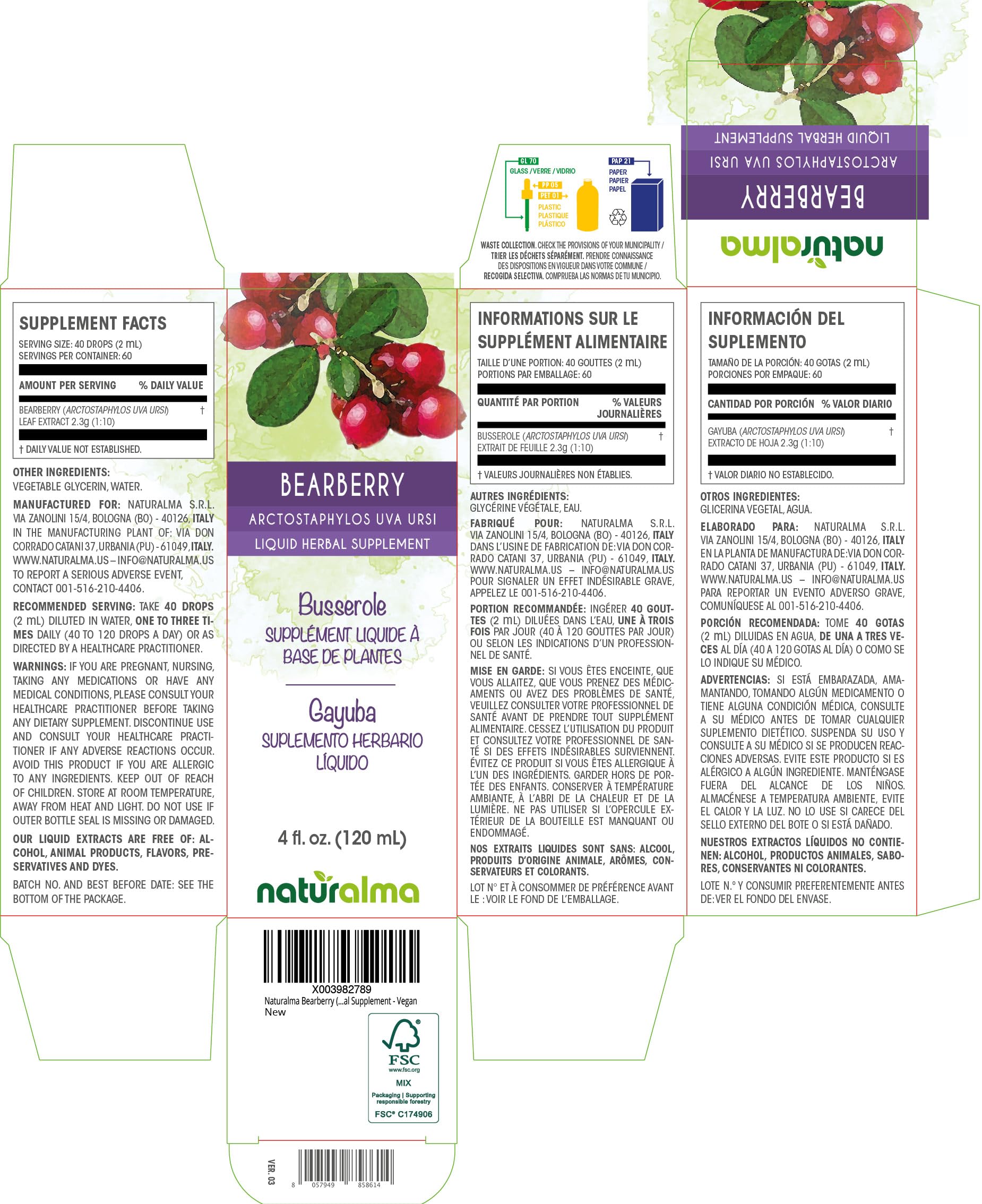Bearberry leaf tincture drops serving: 40 drops (2 ml)