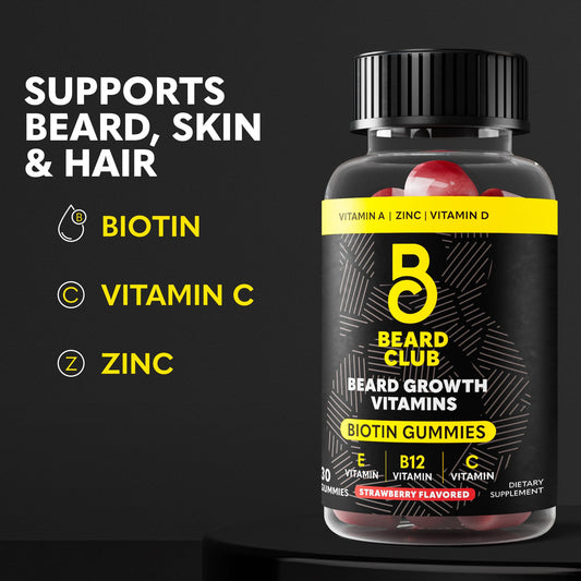 Strawberry-flavored beard growth gummies spilling from a jar