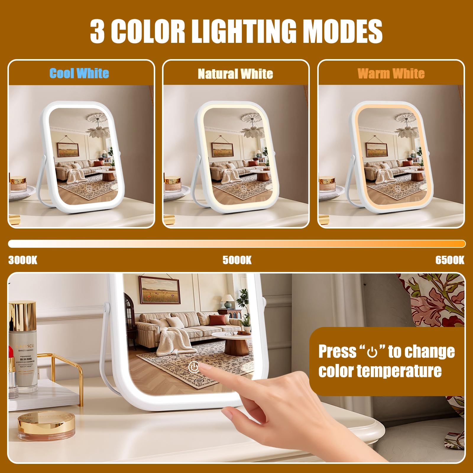 Bearolve mirror with 360-degree rotation for versatile angles.