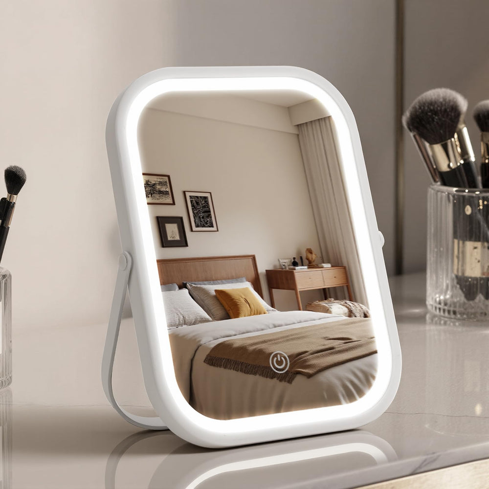 Bearolve travel makeup mirror 6x8 front view with bright LED lighting for precise makeup.