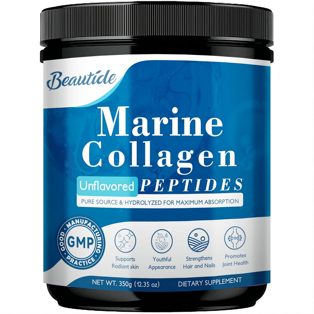 Bottle of Beautide Marine Collagen Peptides Powder on table