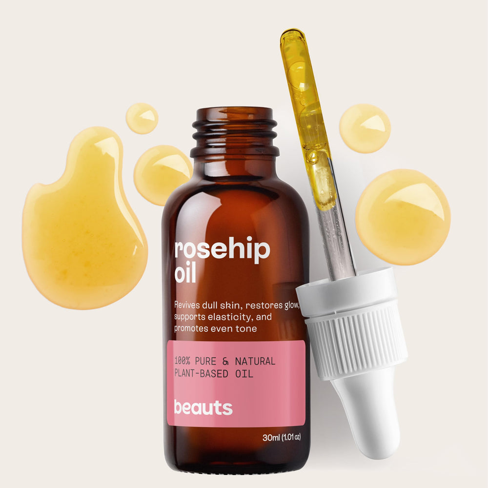 Beauts Rosehip Seed Oil used on hair to reduce frizz and boost shine.
