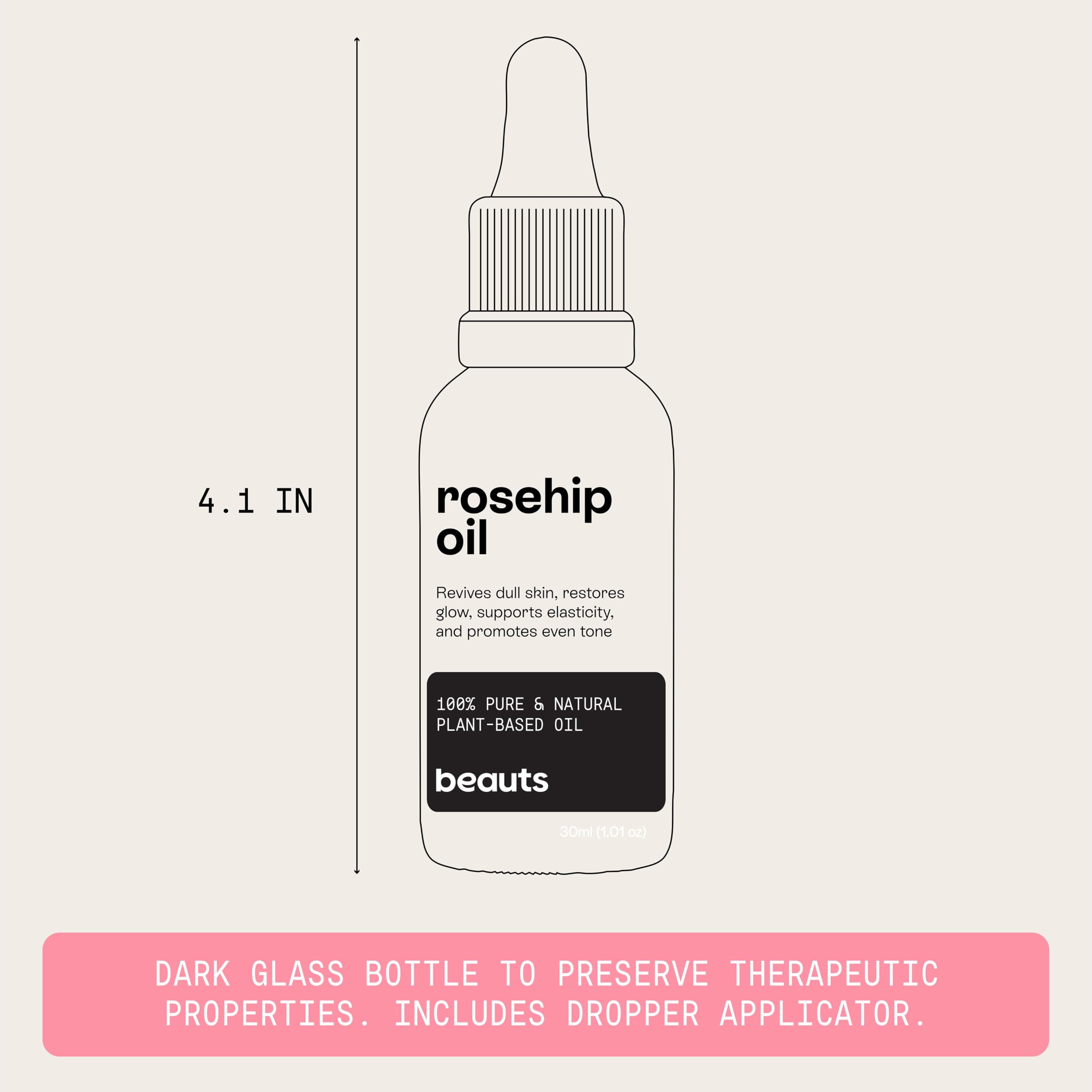 Packaging highlights vegan, cruelty-free status of Beauts Rosehip Seed Oil.
