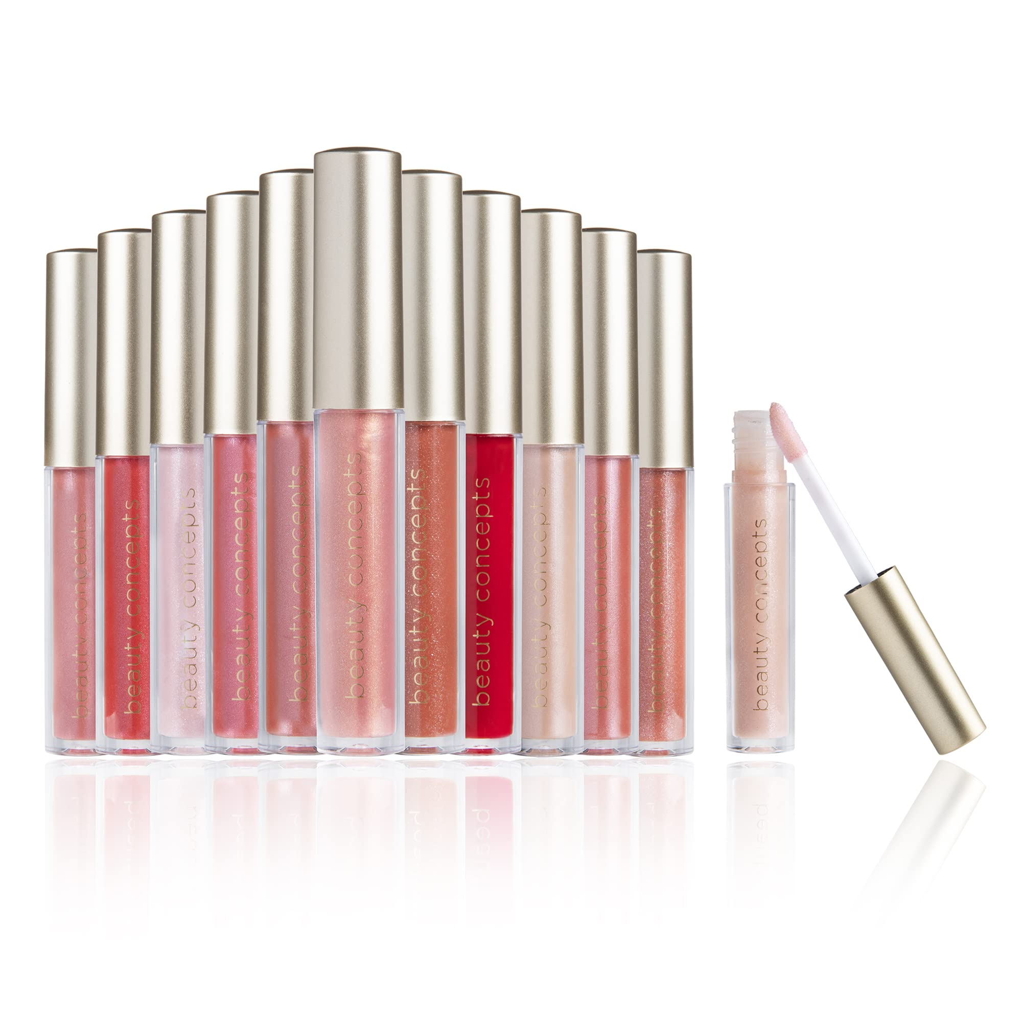 Beauty Concepts Lip Gloss Set with 12 pink and red shades in a present box.
