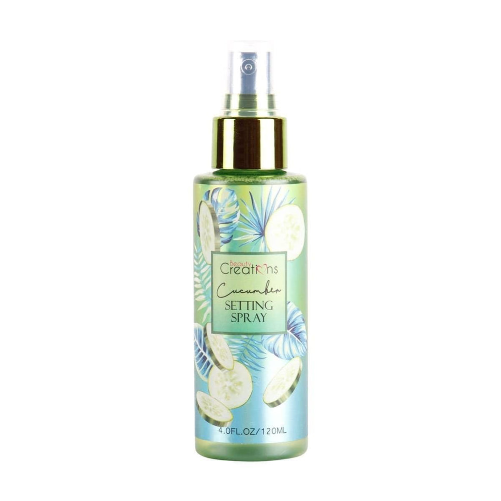 Beauty Creations Cucumber Setting Spray bottle front, refreshing hydration and makeup hold.