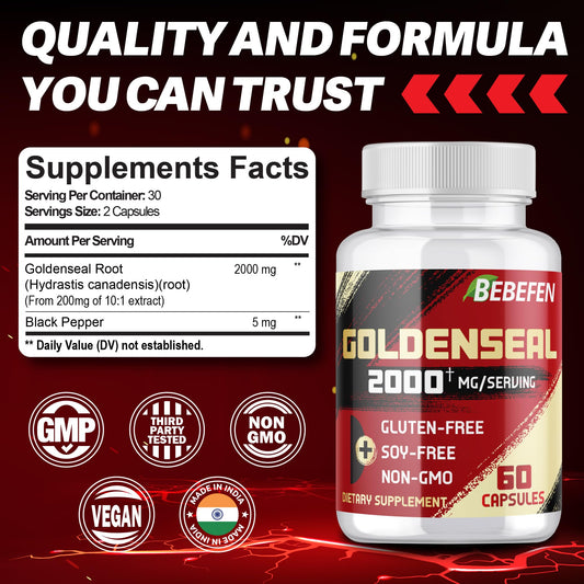 Front view of BEBEFEN Goldenseal root capsules bottle