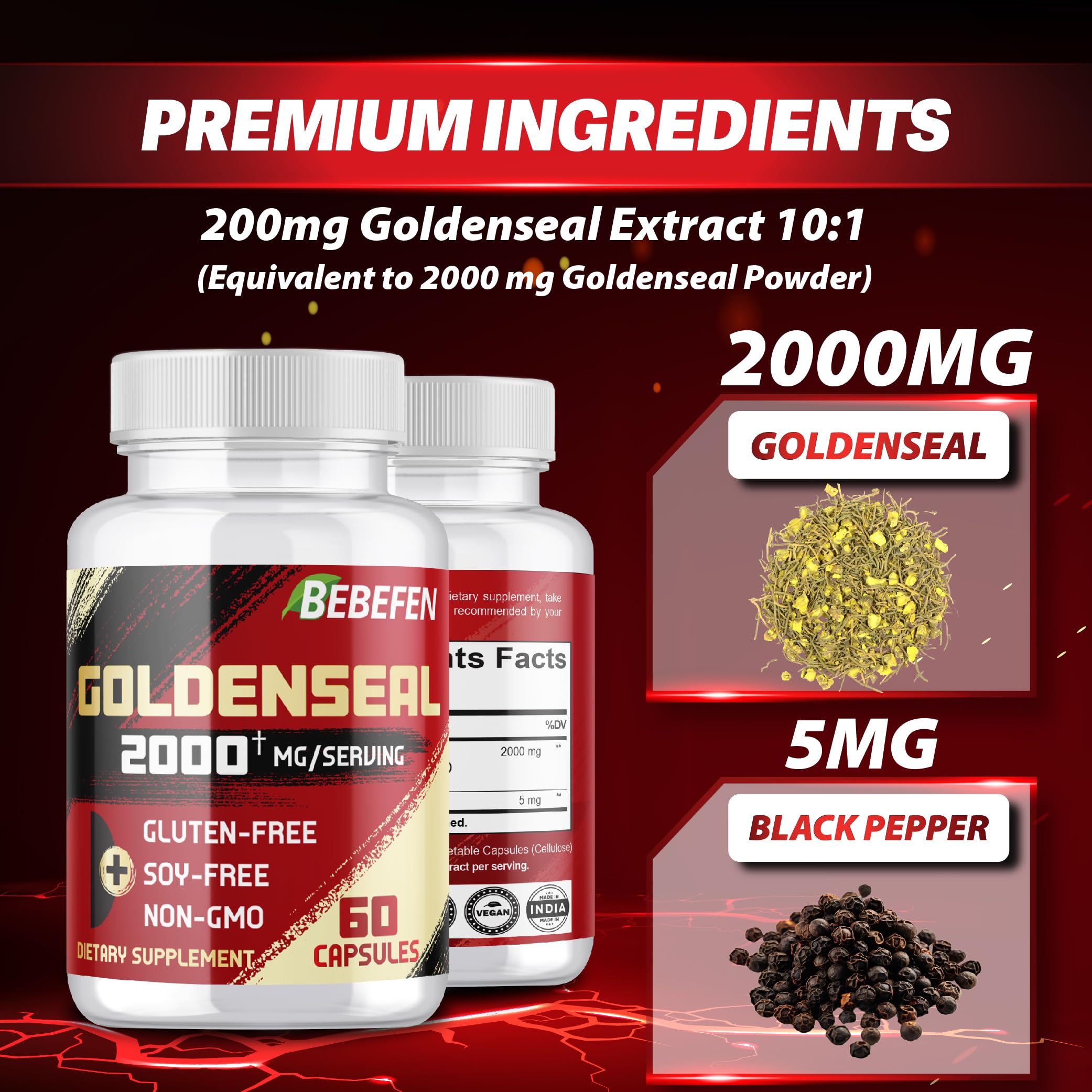 Supplement ingredients panel for BEBEFEN Goldenseal