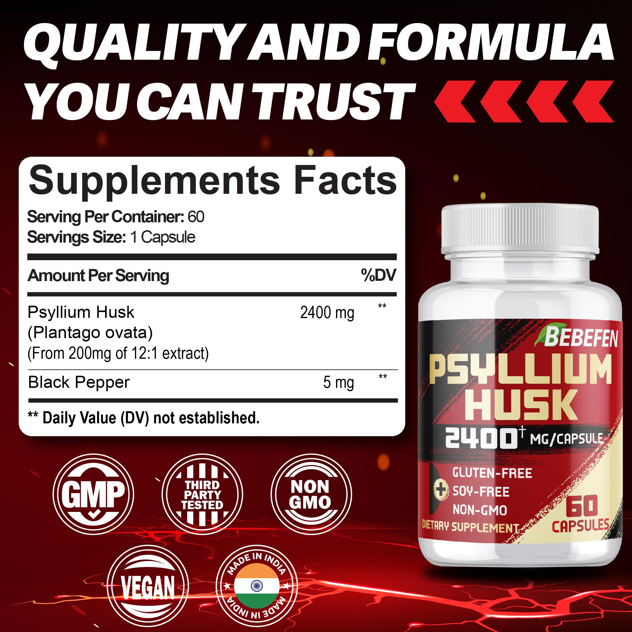 Close-up of BEBEFEN Psyllium Husk Capsules showing 2400 mg per capsule