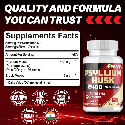 Close-up of BEBEFEN Psyllium Husk Capsules showing 2400 mg per capsule