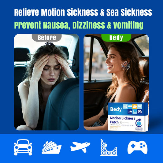 Bedy Motion Sickness Patch behind-ear application shows quick, non-drowsy relief while traveling.
