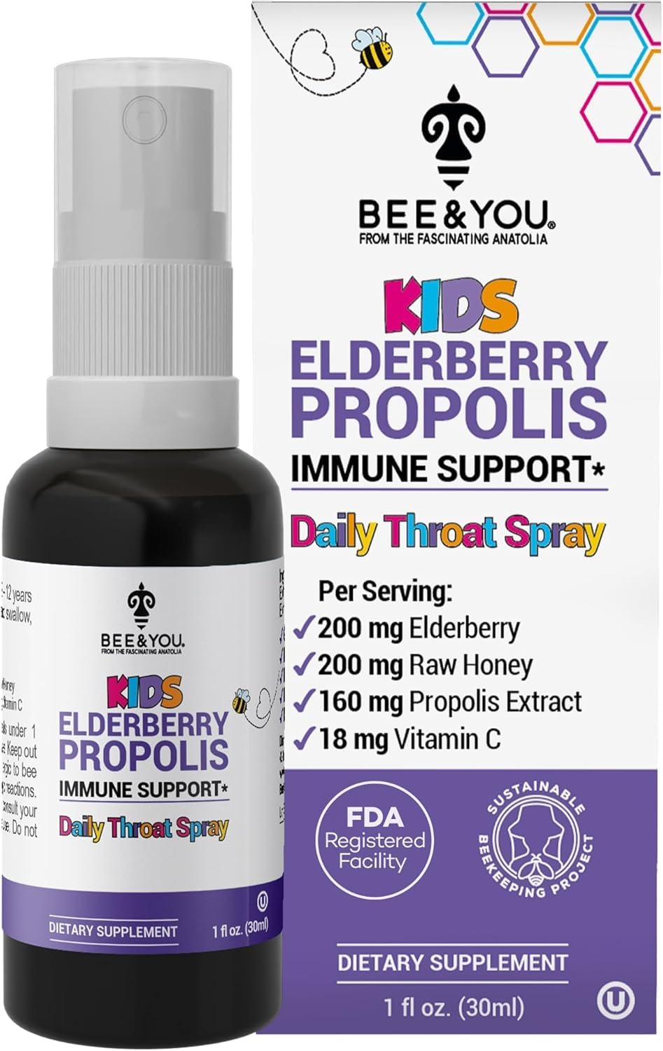 Bee and You Kids Immune Support Throat Spray bottle featuring elderberry and honey