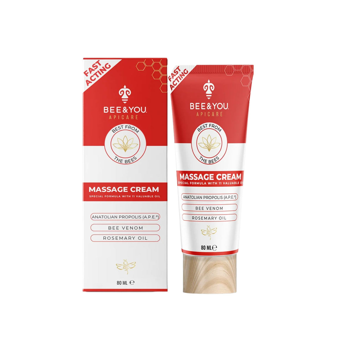 BEE and You Massage Cream with 11 herbal oils, propolis, and bee venom in a 2.7 fl oz bottle