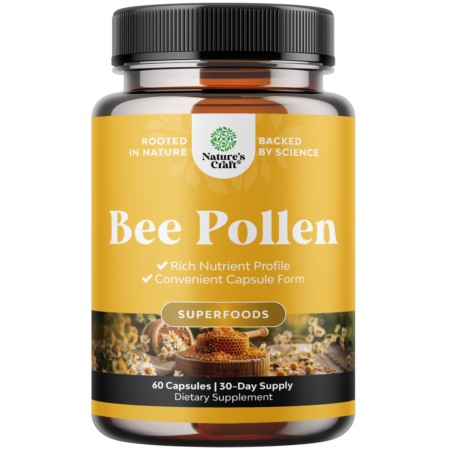 Bee pollen pills bottle labeled 60 count