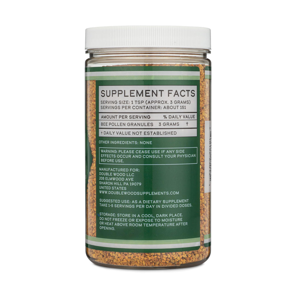 Bee pollen granules with scoop showing 3-gram serving