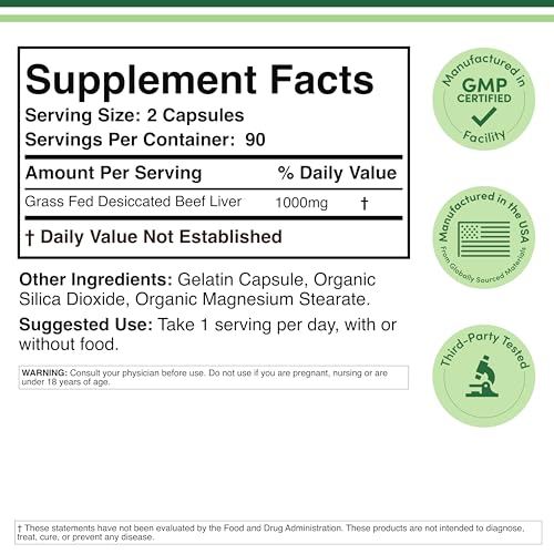 Nutrition label detailing vitamins and minerals for Beef Liver Capsules.