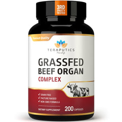 Bottle of Premium Grass-Fed Beef Organ Supplement with liver, heart, kidney, pancreas and spleen capsules