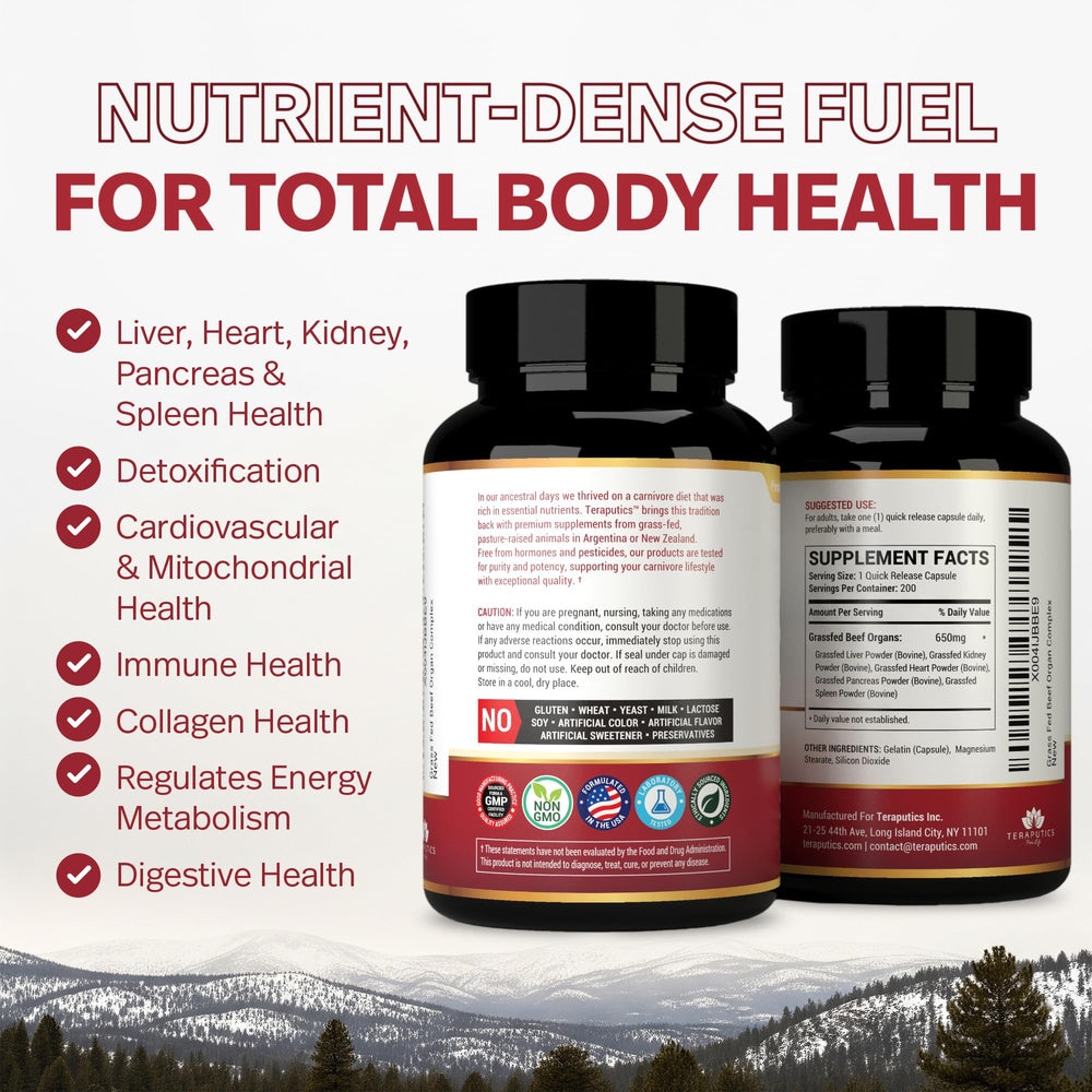 Beef organ capsules showing liver, heart, kidney, pancreas and spleen ingredients