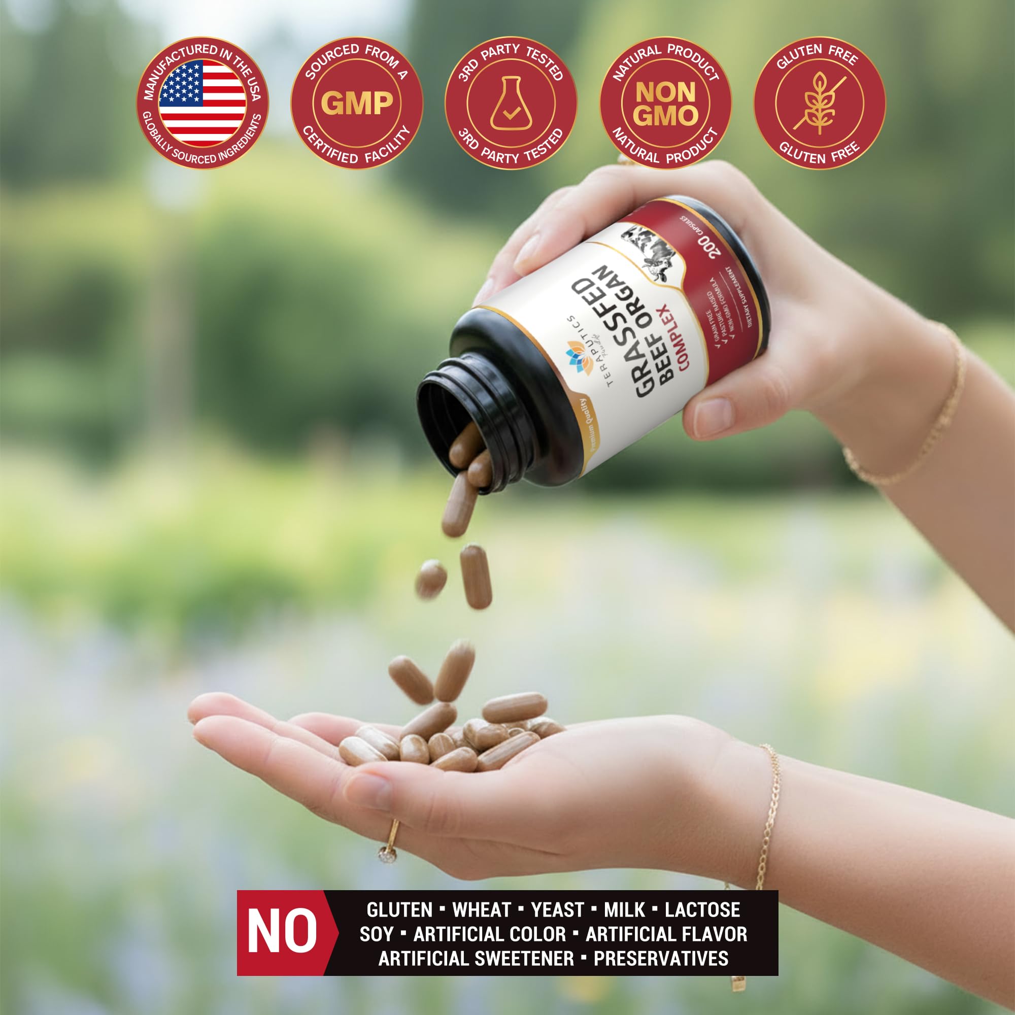 Label featuring third-party testing for purity and quality on beef organ supplement
