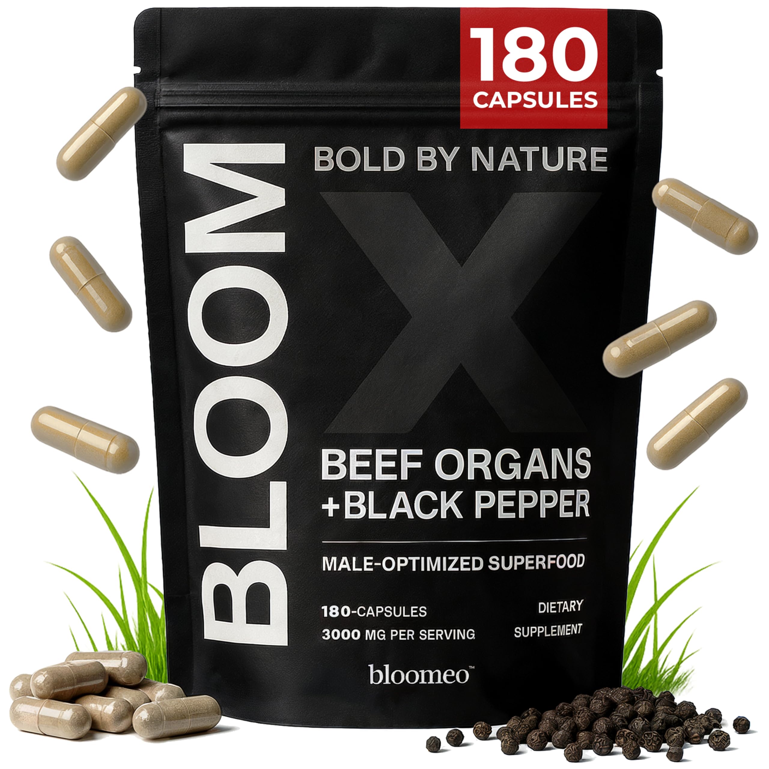 Bloom X Beef Organ Supplement for Men bottle and label