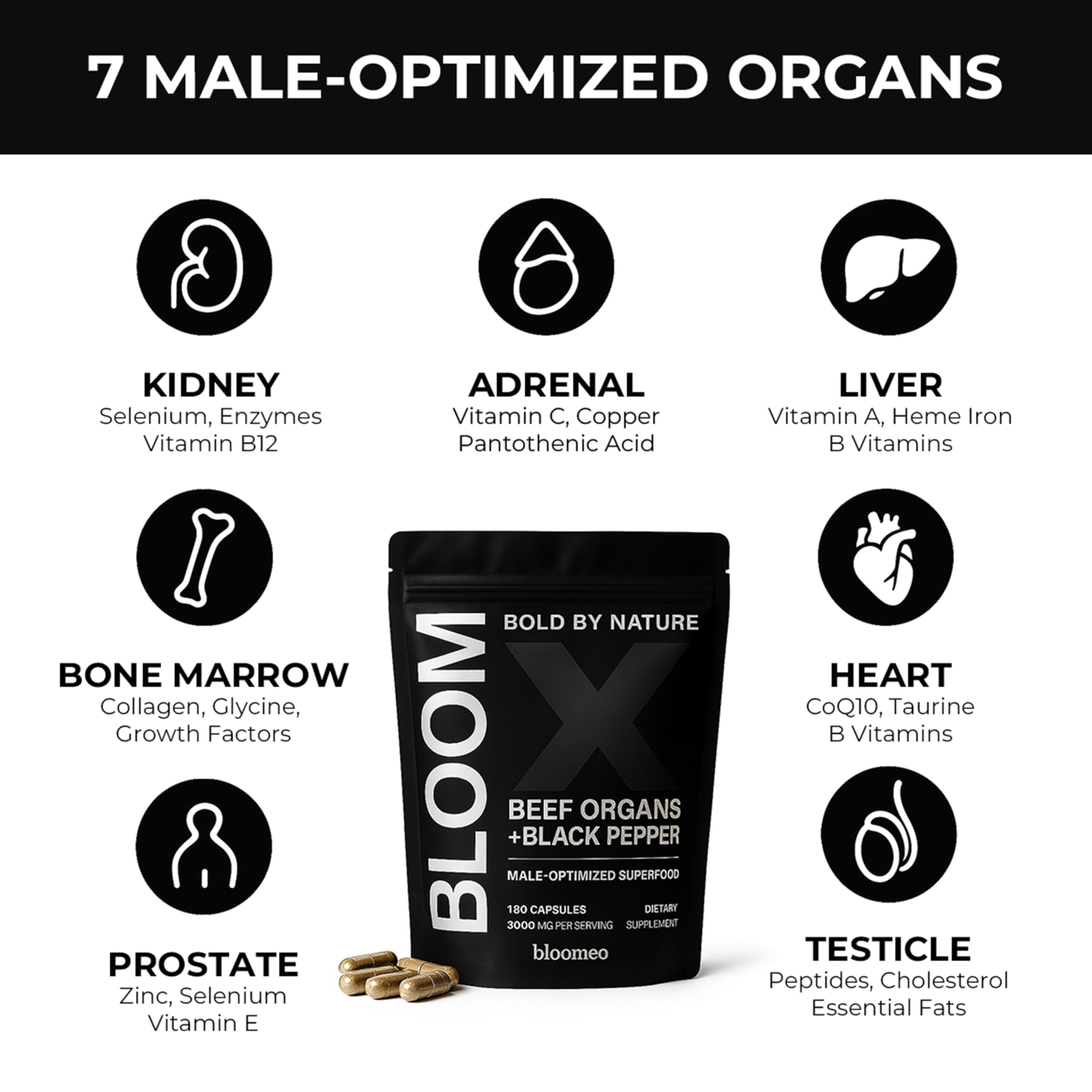 Capsules representing the 7-organ blend: liver, testicle, prostate, kidney, heart, adrenal, bone marrow