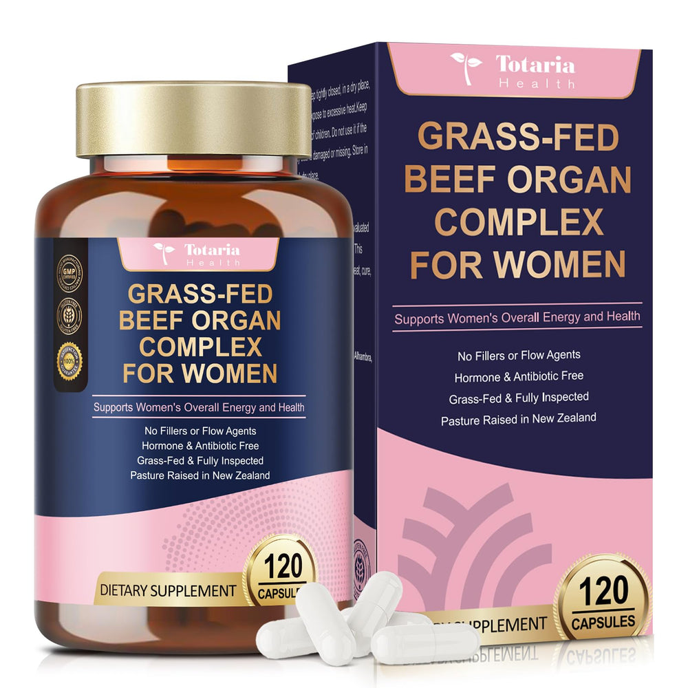 Beef Organ Supplement for Women bottle on white background with grass-fed label
