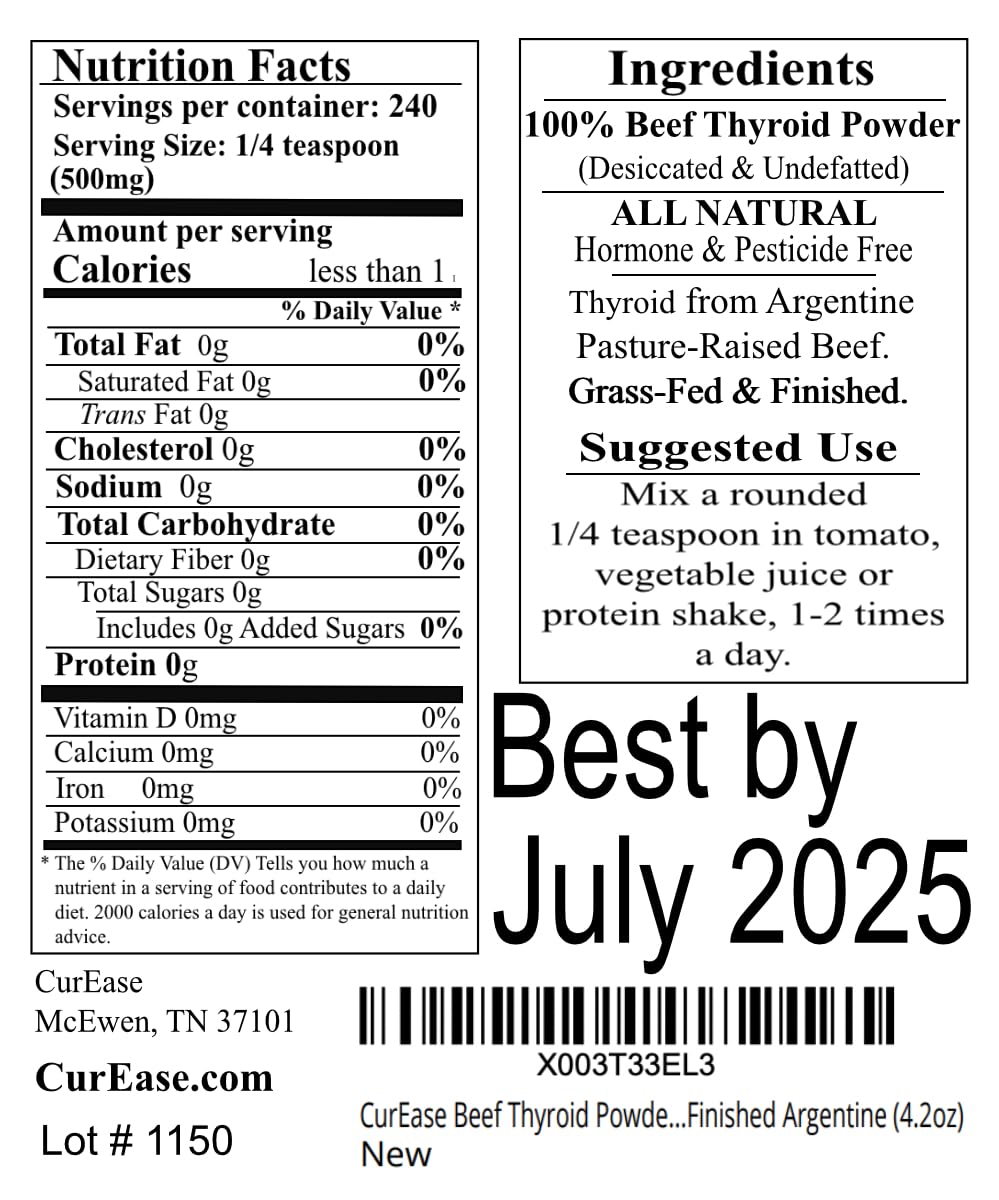 Label showing 500 mg per serving of Beef Thyroid Powder