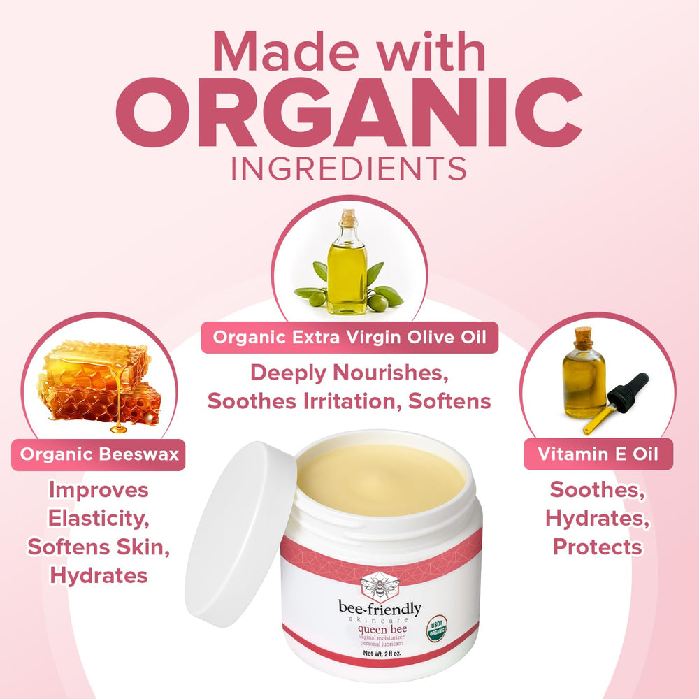 BeeFriendly Organic Vaginal Moisturizer cream swirl highlights rich texture for comfort