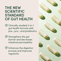 Gluten-free, vegetarian-friendly capsules with bloating relief imagery