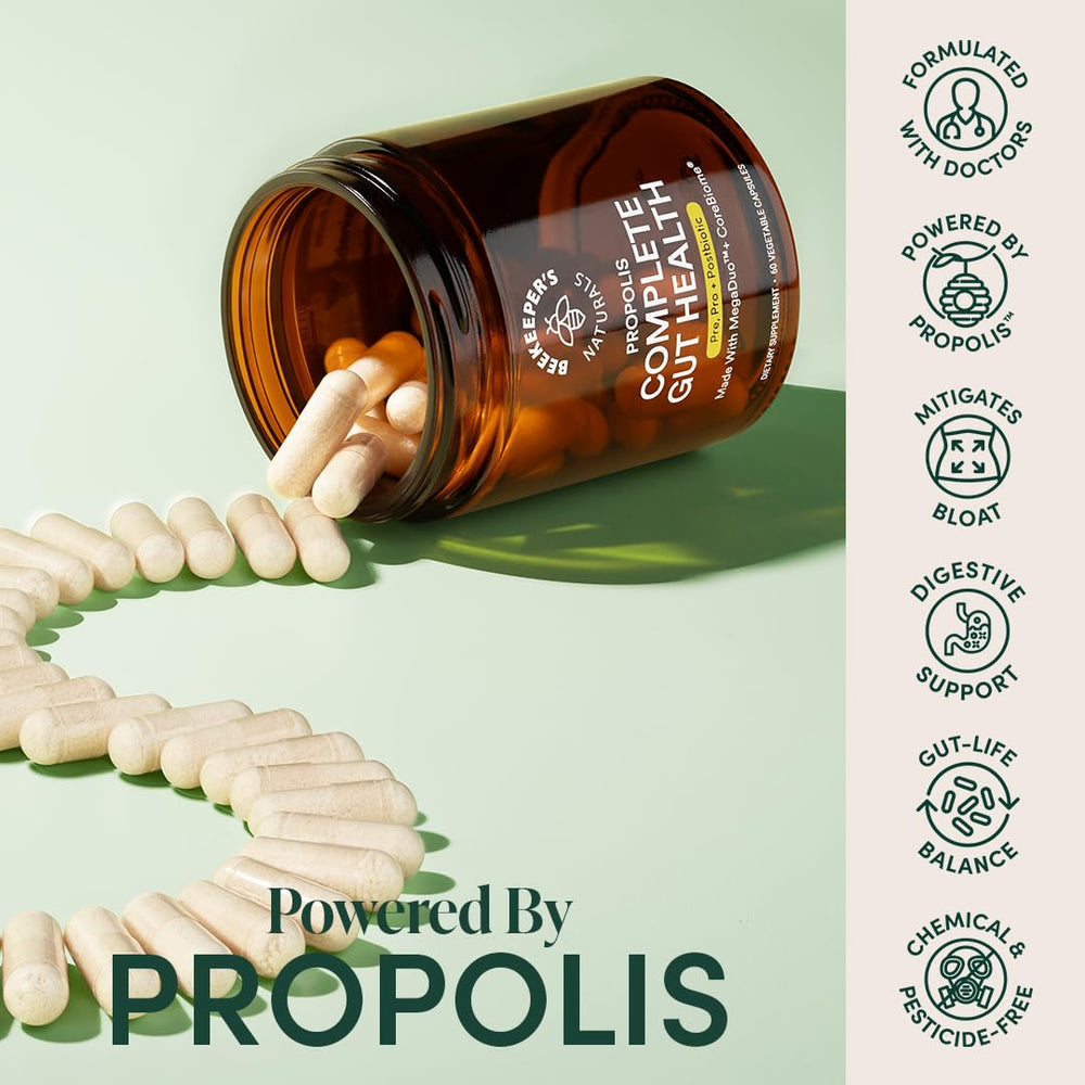 Beekeeper's Naturals Complete Gut Health label close-up, gluten-free and vegetarian-friendly