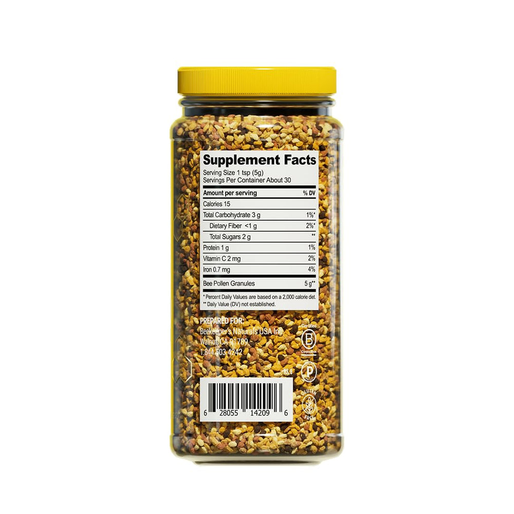 5.2 oz jar of bee pollen granules on neutral background