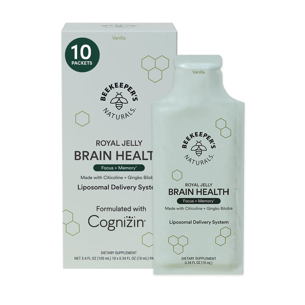 Beekeepers Naturals brain supplement bottle with vanilla flavor, 10-count