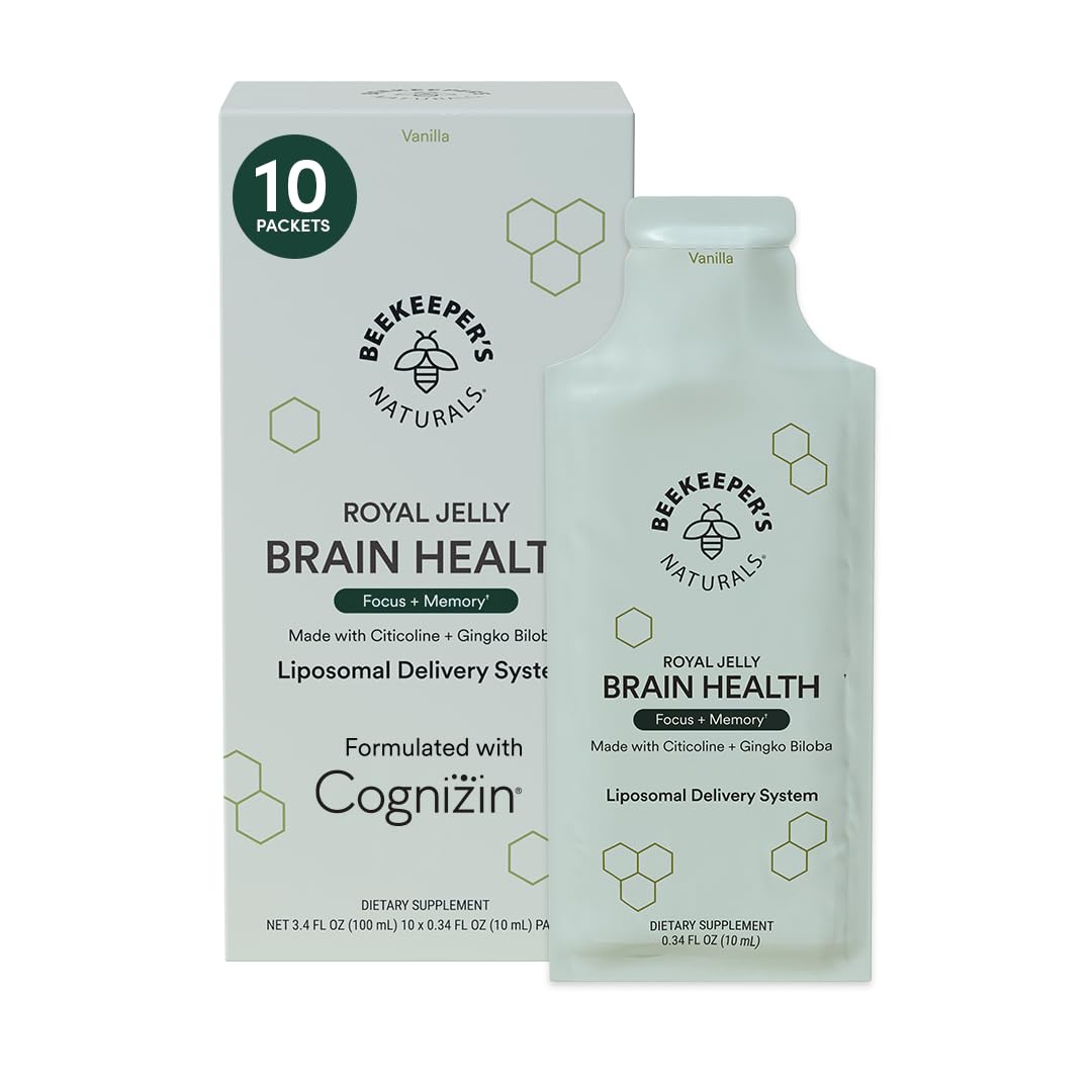 Beekeepers Naturals brain supplement bottle with vanilla flavor, 10-count