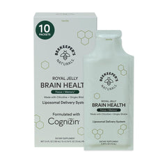 Beekeepers Naturals brain supplement bottle with vanilla flavor, 10-count
