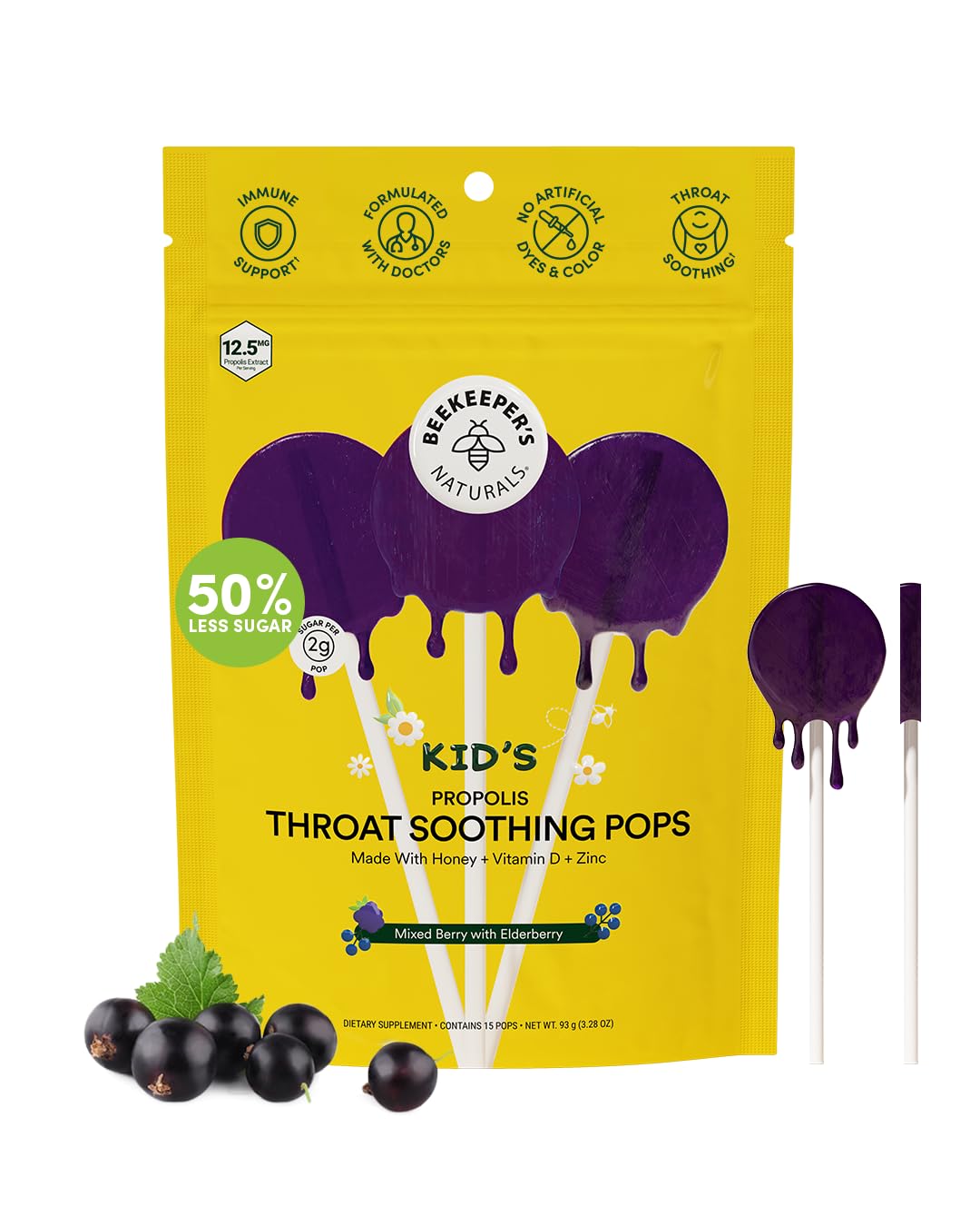 Front view of Beekeeper's Naturals Kids Throat-Soothing Lollipops, Mixed Berry & Elderberry flavor, 15 count