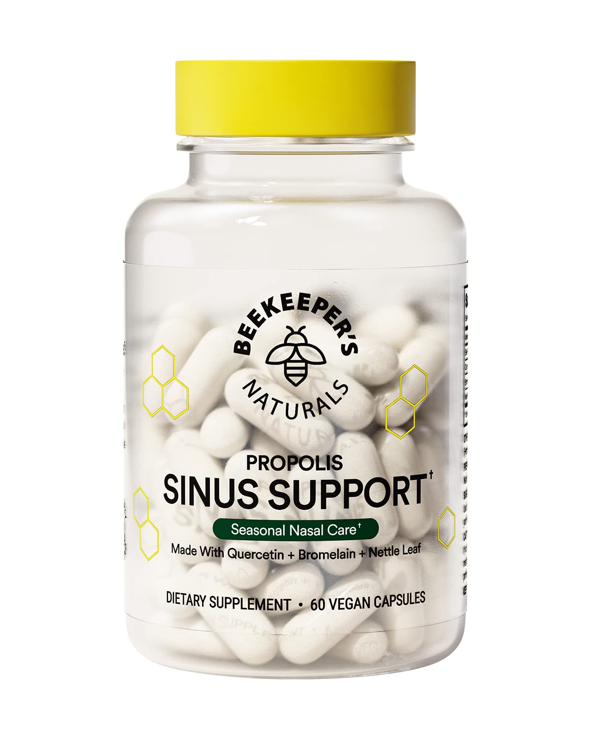 Beekeepers Naturals sinus support hero bottle for daily seasonal nasal comfort.