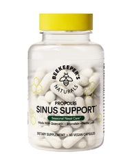 Beekeepers Naturals sinus support hero bottle for daily seasonal nasal comfort.