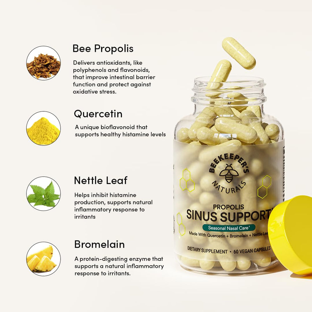 Beekeepers Naturals vegan-capsules image highlights plant-based sinus relief option.