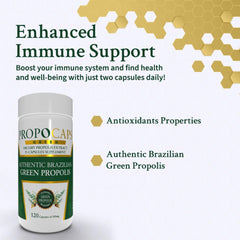 Green propolis extract and capsules on a white surface