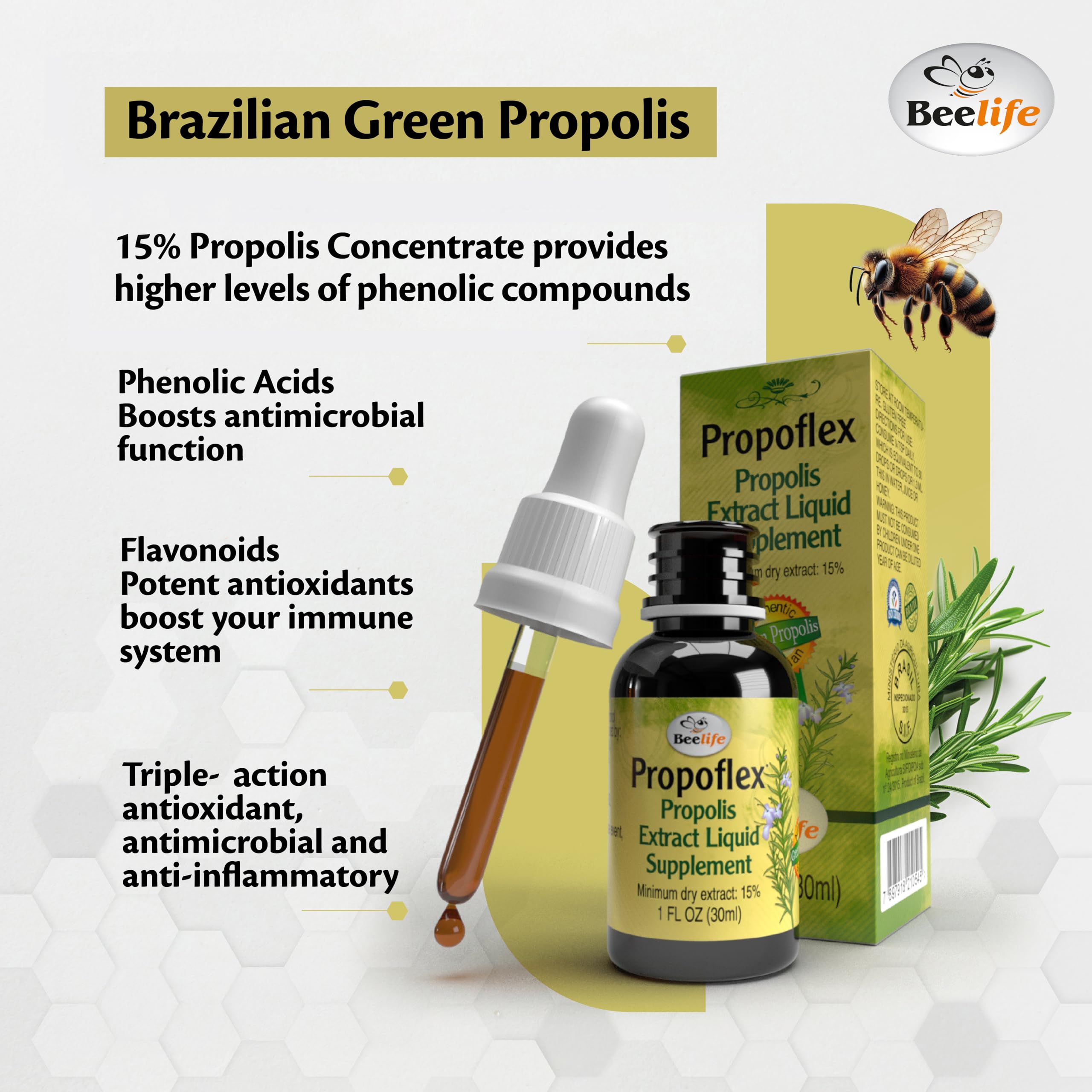 Beelife propolis immune support liquid bottle on white background