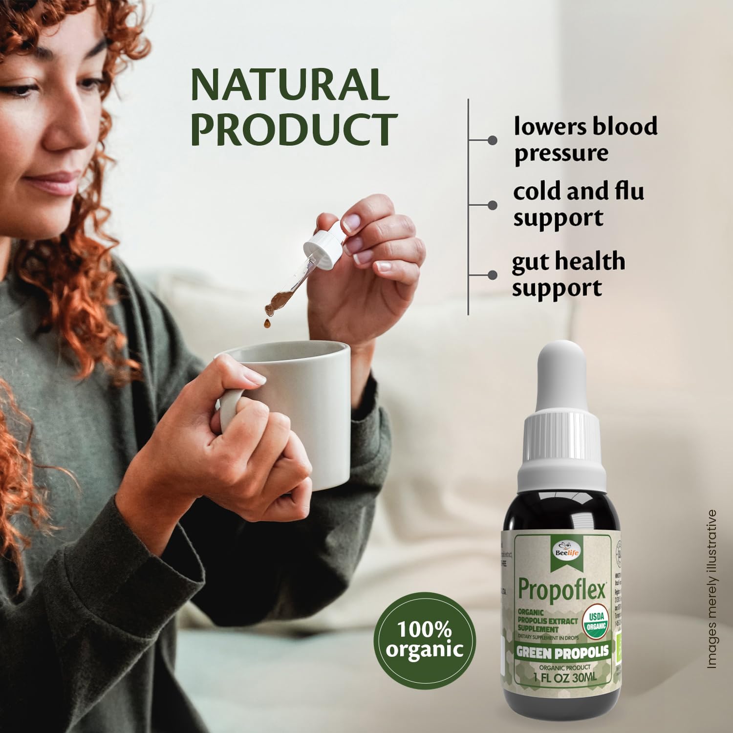 Organic Green Propolis Extract bottle with dropper