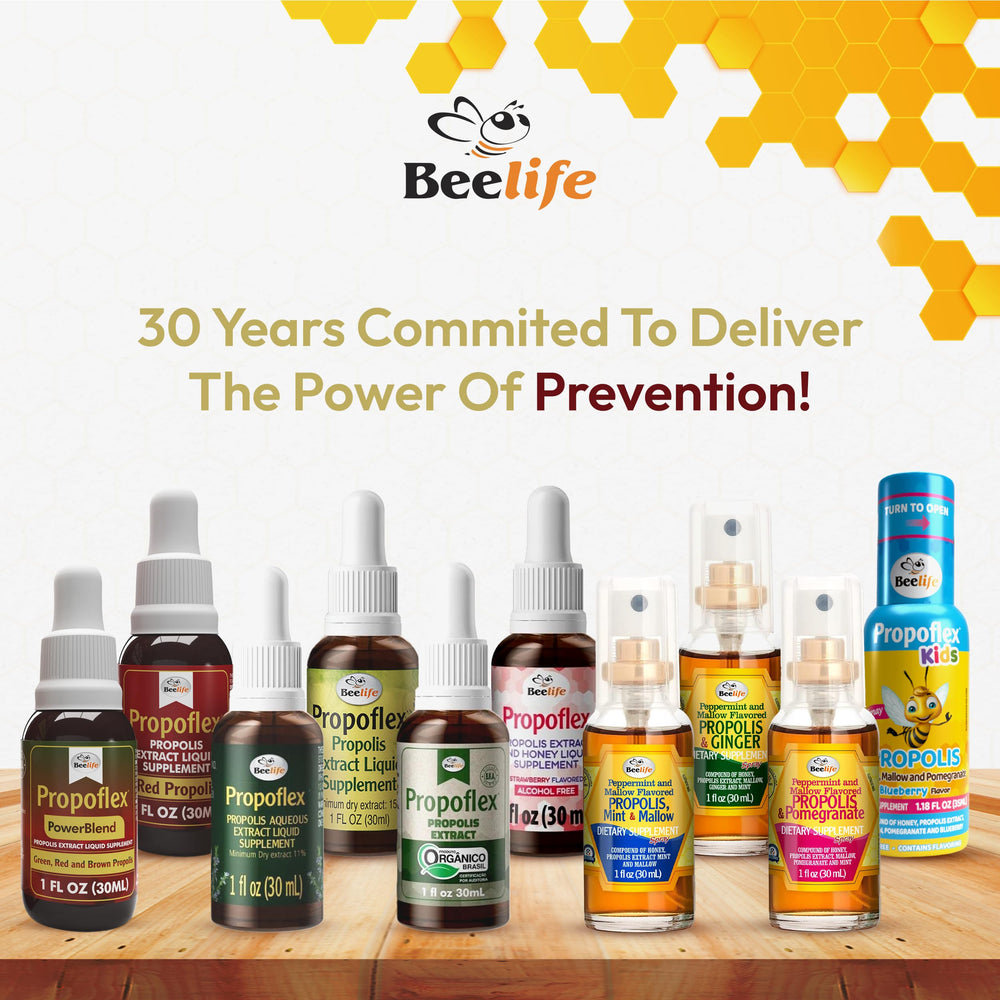Ingredient visuals showing Beelife Propoflex Organic Green Propolis Extract