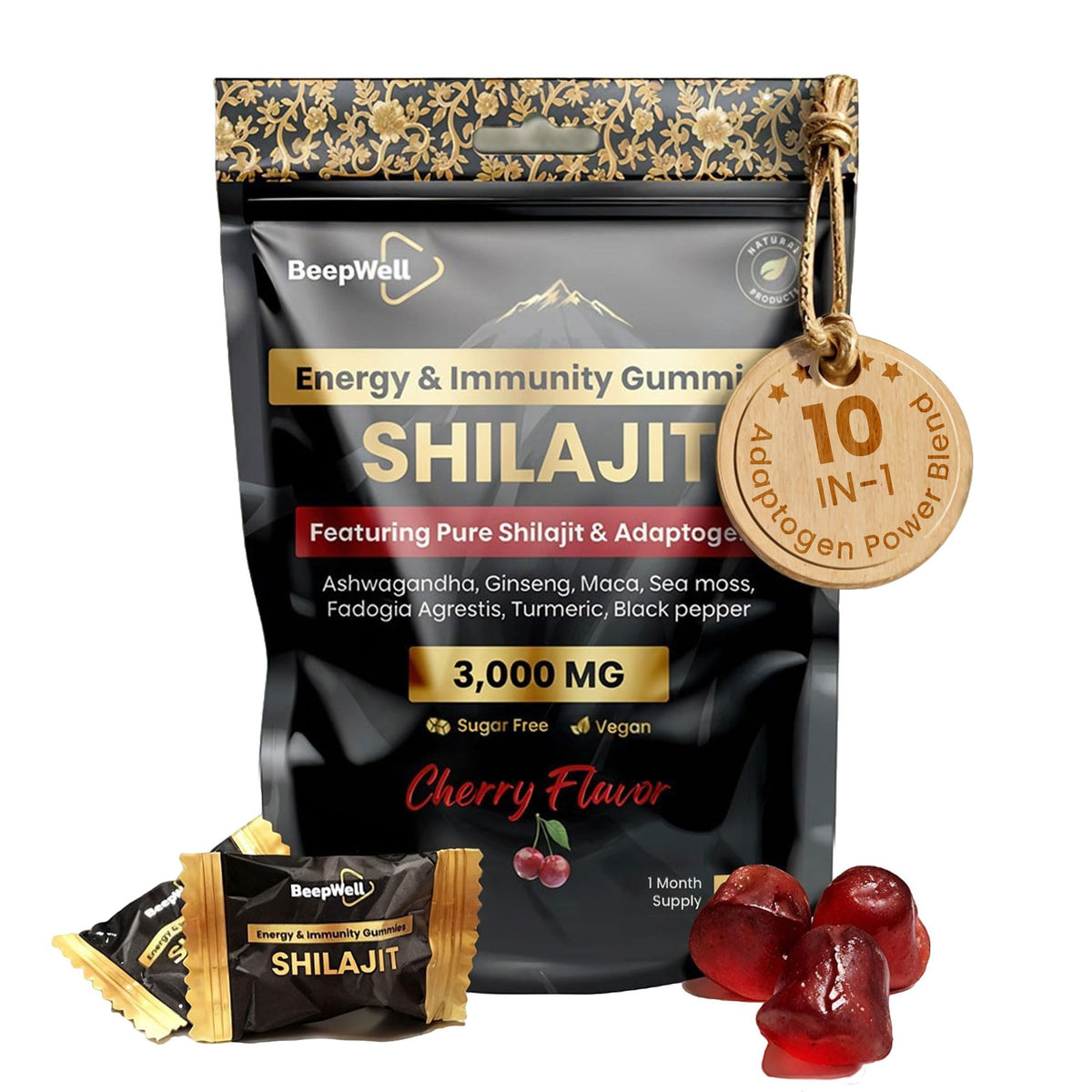BeepWell Shilajit Gummies bottle with cherry flavor