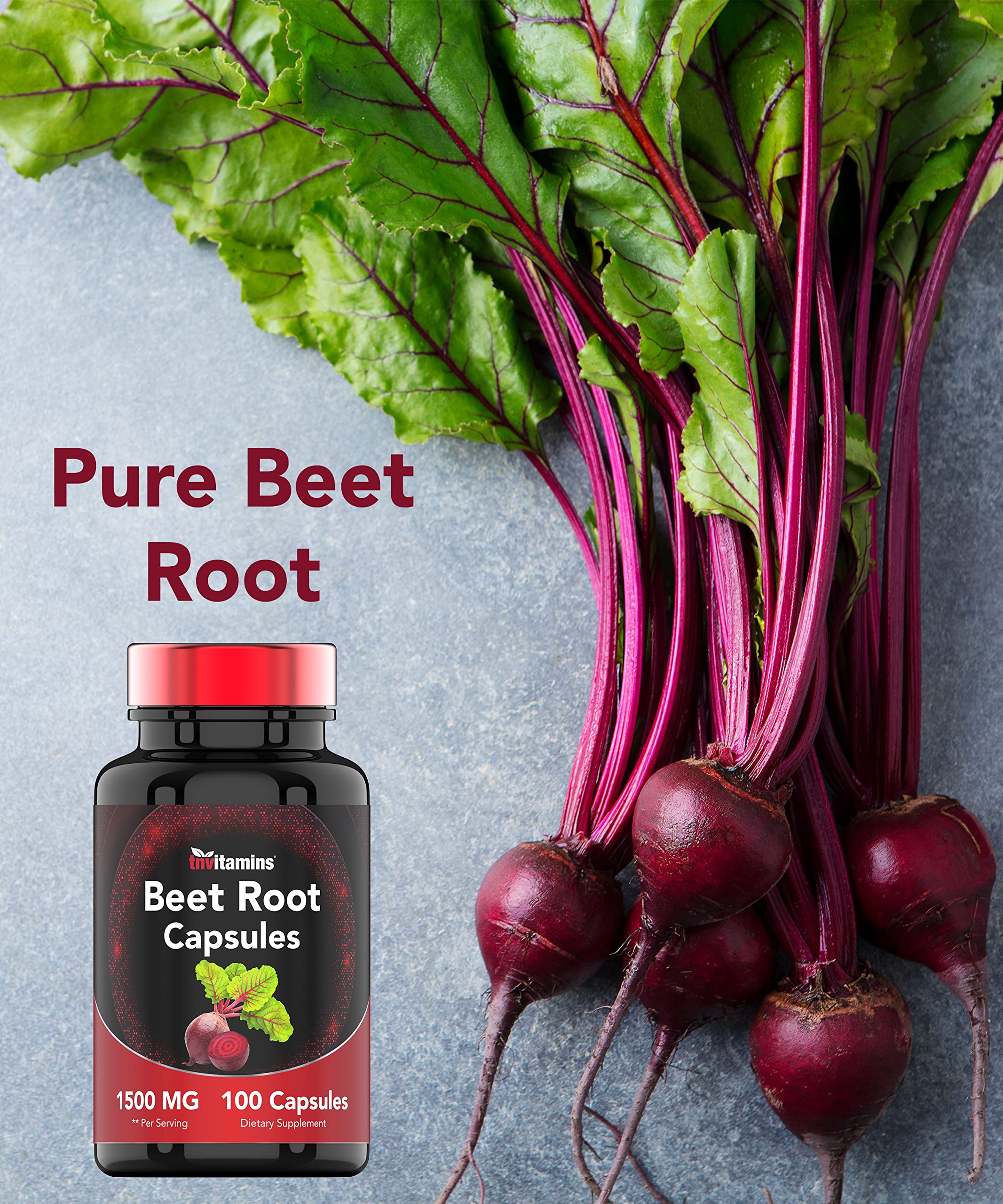 Lifestyle scene with beet root capsules on a countertop