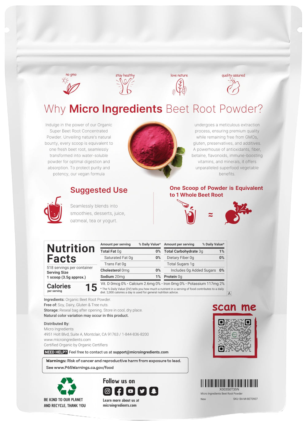 Back label showing nutritional information on Beet Root Powder 4 lb