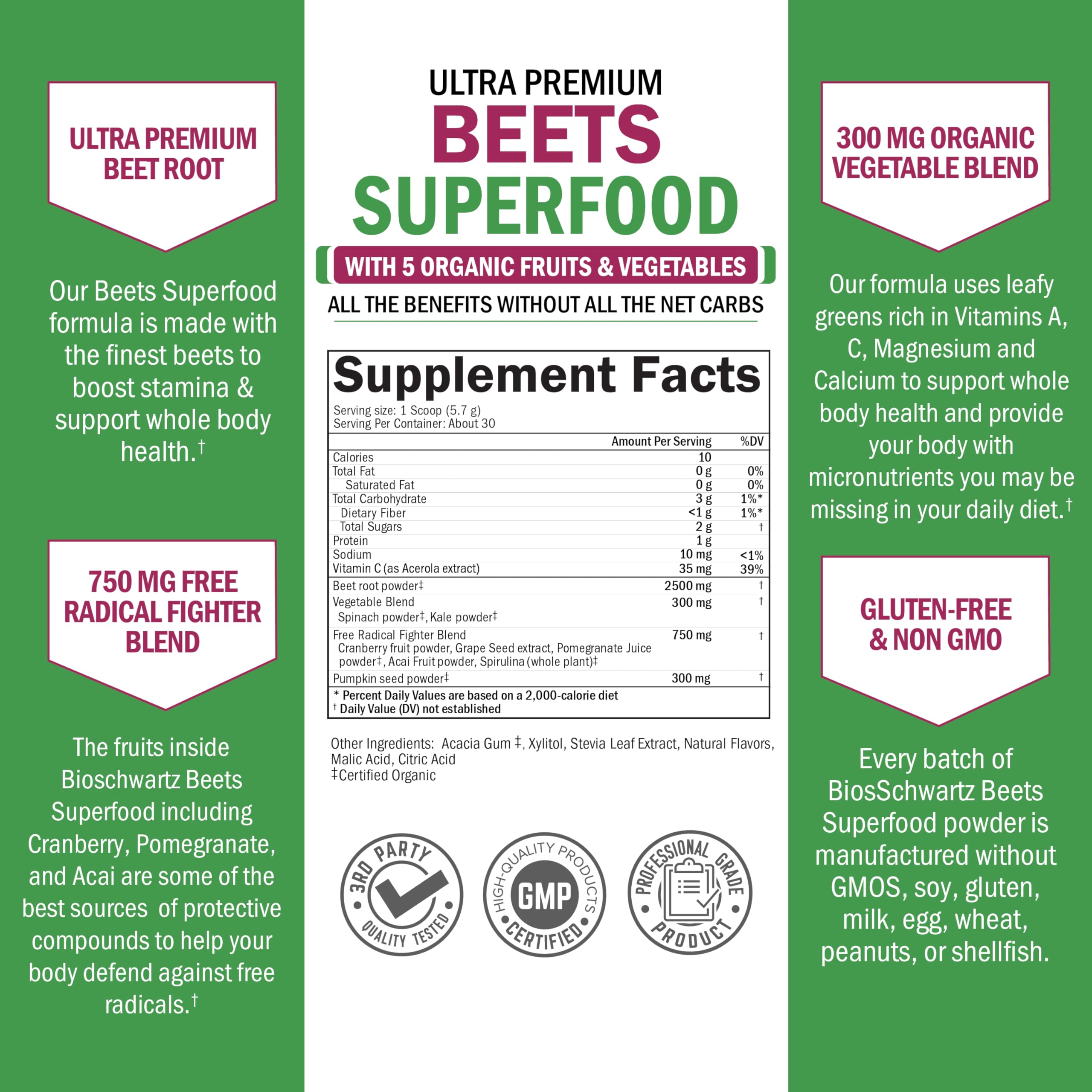 Ingredients list including beets kale spirulina and pomegranate