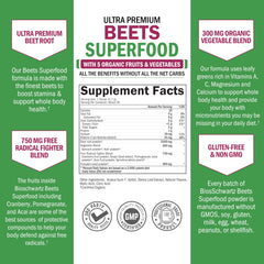 Ingredients list including beets kale spirulina and pomegranate