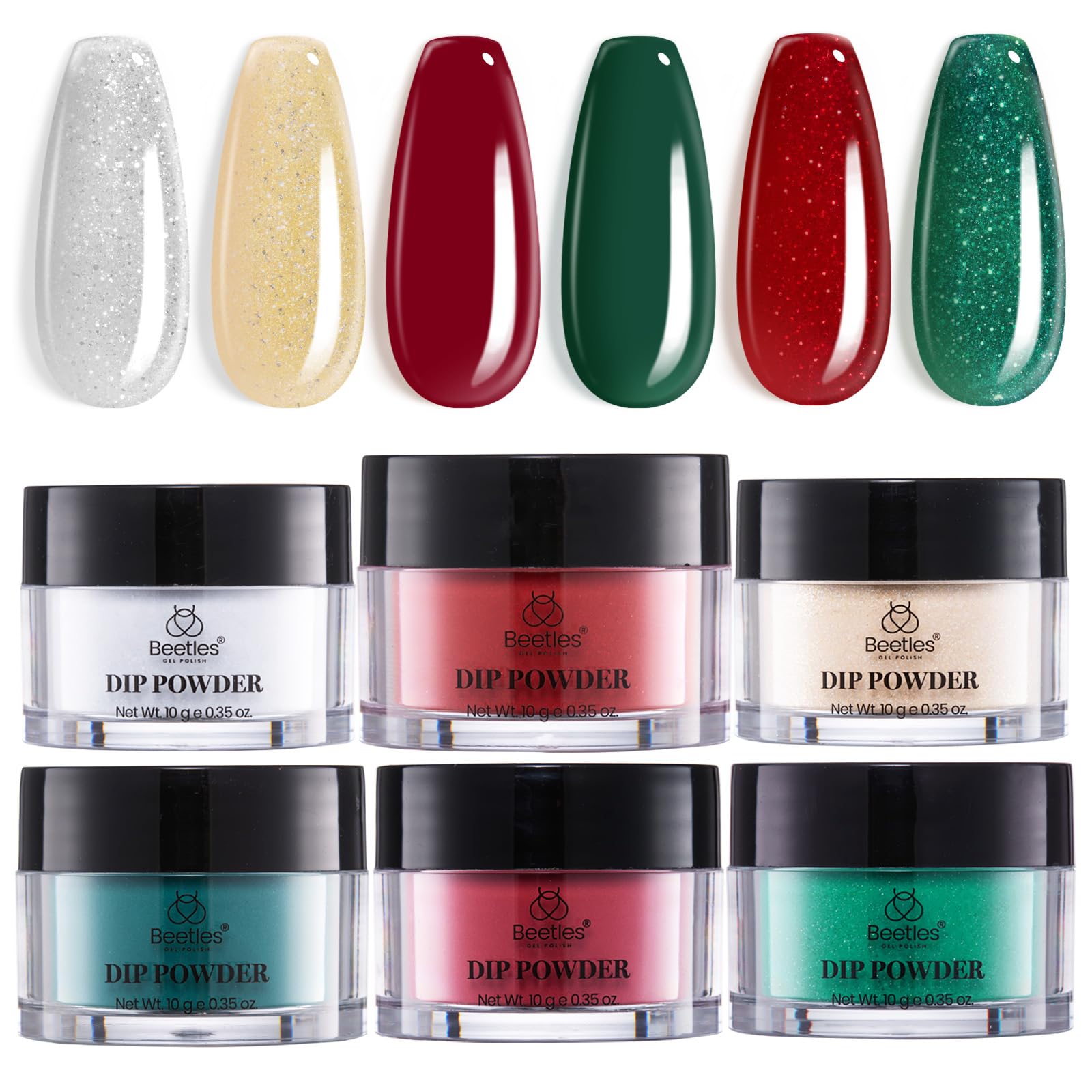 Beetles Dip Powder Nail Set 6 colors demonstrates versatile holiday nail art options.