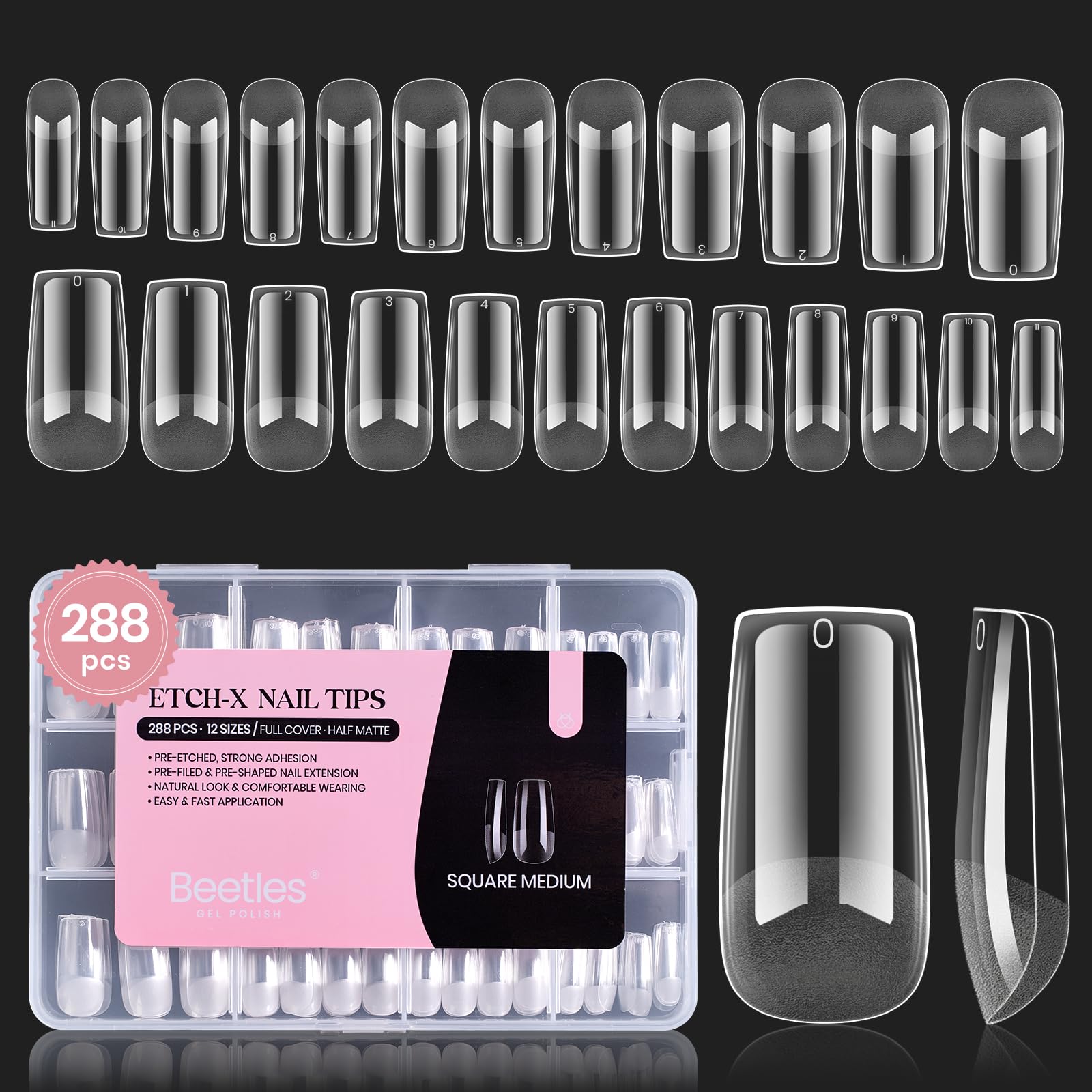 Beetles Gel Nail Tips Square Medium 288pcs for easy DIY extensions.